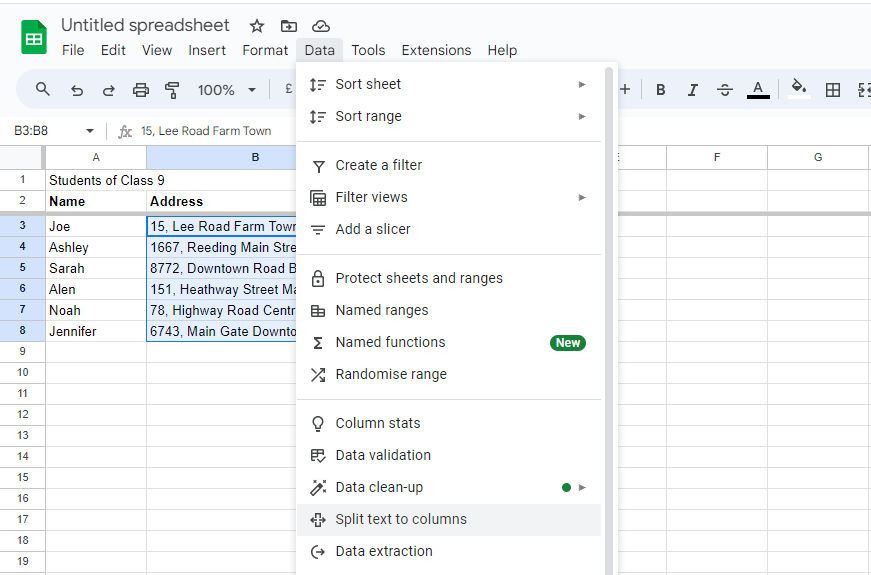 Select Split text to columns
